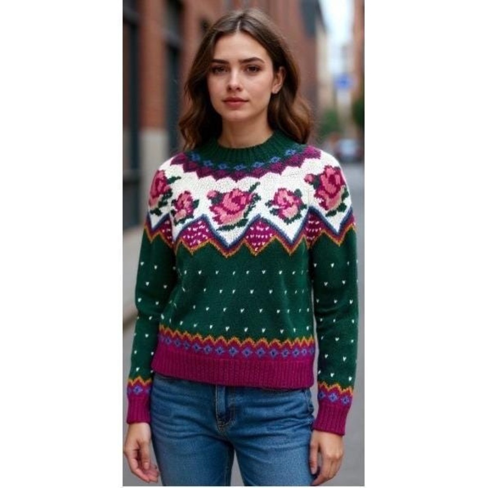 Vintage Nordstrom Hand Knit Sweater Womens M Ramie Cotton Floral Cottagecore